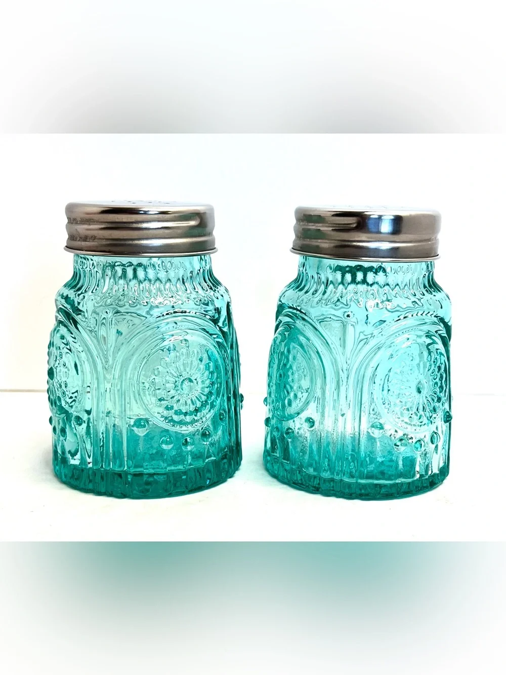 Pioneer Woman Adeline Teal Glass Salt and Pepper Shaker Set Turquoise Embossed